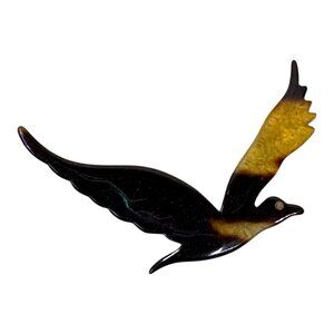 Vtg Mid Century Lucite Tortoise Shell Signed Enamel Flying Bird Brooch Pin Art